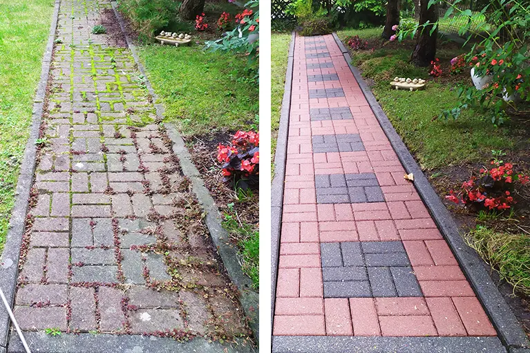 Serock — ścieżki ogrodowe 75 m² przed i po myciu